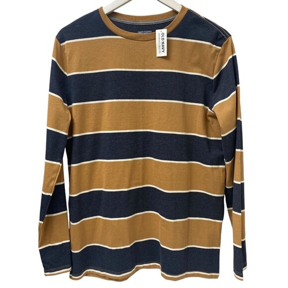 OLD NAVY Striped Tee Boys XXL / 18  Navy Brown Crew Neck Long Sleeve NWT - Picture 1 of 8